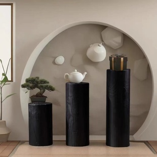 北欧风碳化根雕花架复古圆形木墩玄关凳子换鞋凳角几边几展示地台