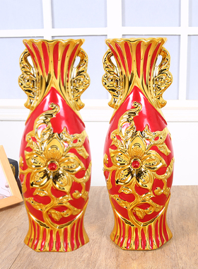 客厅摆件婚庆礼品电视柜欧式红色陶瓷花瓶插花干花装饰居家工艺品