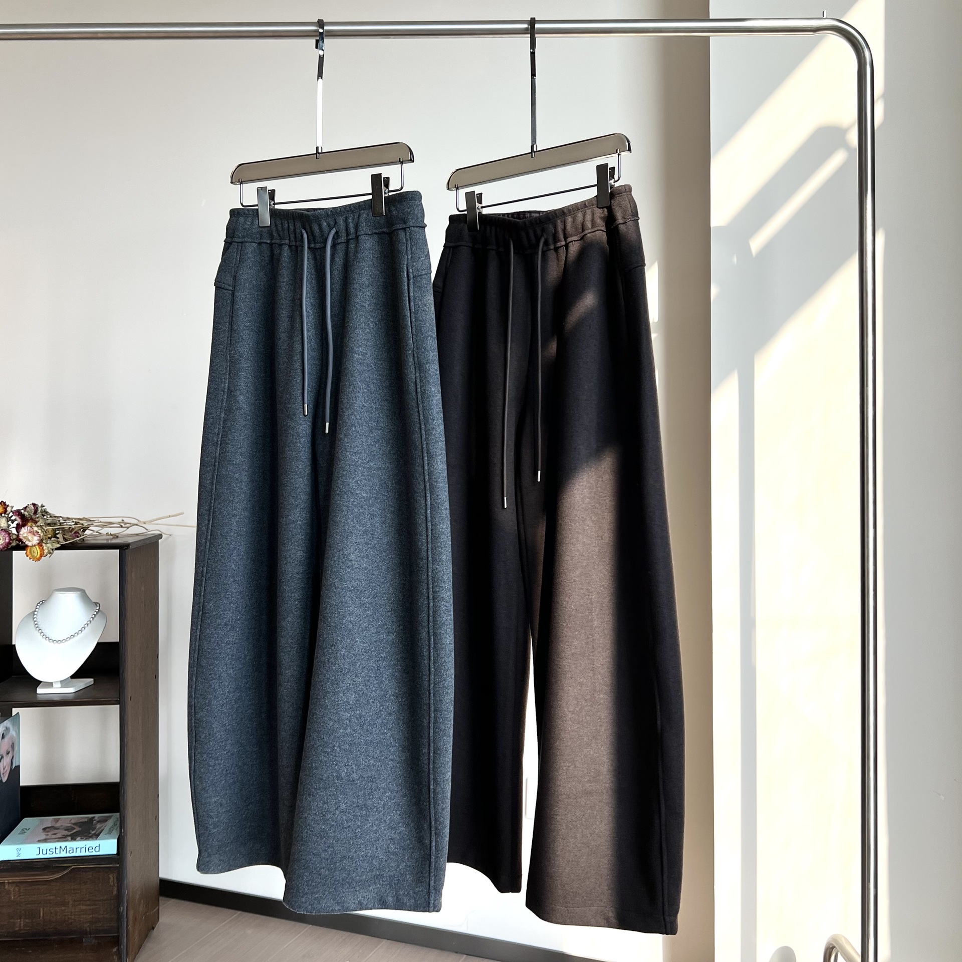 歆歆家修腿SHEN裤加厚蚕丝羊毛混纺高腰抽绳百搭慵懒风阔腿弯刀裤