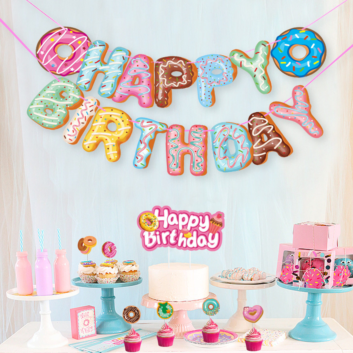 新款 happybirthday甜甜圈生日快乐派对主题背景装饰用品拉旗横幅