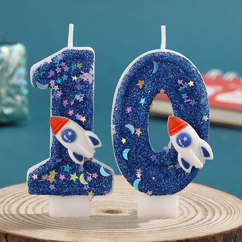 蓝色星空火箭数字蜡烛生日派对