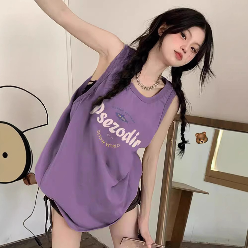 紫色无袖坎肩纯棉背心女外穿夏季设计感小众宽松百搭运动吊带