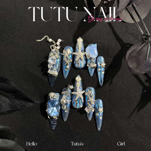 【双鱼座】TUTU NAIL手工穿戴甲可拆卸美甲重工奢华长尖T蓝链条