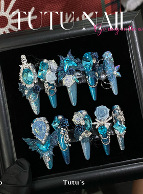 【蓝色妖姬】TUTU NAIL手工穿戴甲美甲蓝蝴蝶鱼线重工玫瑰雕花