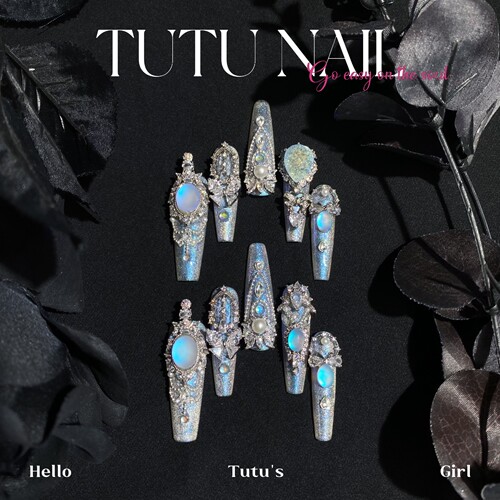 【蓝色眼泪】TUTU NAIL手工穿戴美甲可拆卸猫眼仙气人鱼姬宫廷白