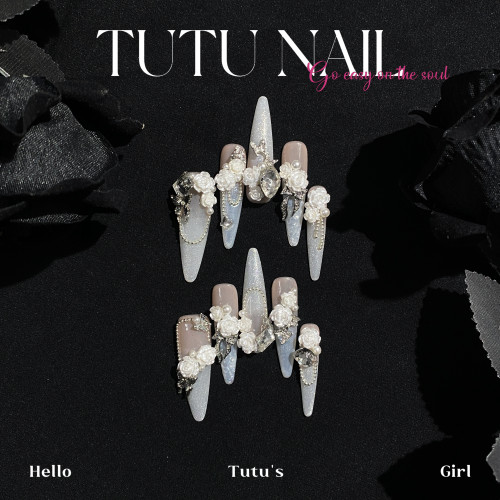【洛可可】TUTU NAIL手工穿戴美甲婚甲珠光白猫眼气质婚纱重工花