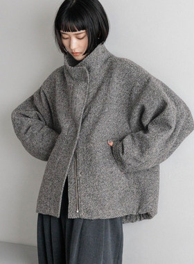 日单日系秋冬宽松轻便保暖休闲拉链宽袖立领短款毛呢上衣外套女