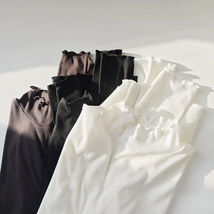 日单日系薄款黑白棕细螺纹百搭木耳边长袖半高领打底衫上衣小衫女