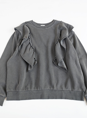 日单日系J水洗纯棉加绒宽松款深灰色花边装饰长袖卫衣女大码3L-4L