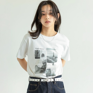 日单日系冷感透气弹力丝光棉城市照片印花短袖圆领T恤小衫上衣女