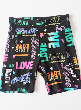 欧美舒适黑色亮字母大弹力松紧高腰健身家居打底短裤沙滩裤不tui