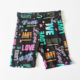欧美舒适黑色亮字母大弹力松紧高腰健身家居打底短裤 不tui 沙滩裤