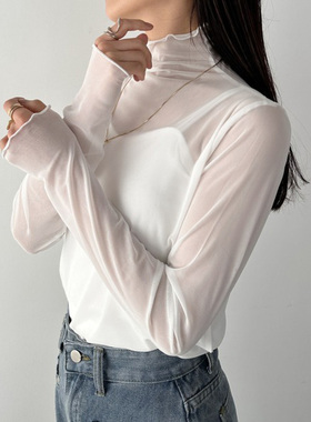 日单日系白色透明网纱弹力修身木耳边长袖小高领内搭打底衫上衣女