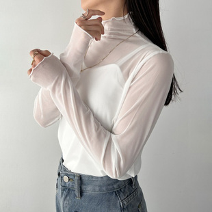 日单日系白色透明网纱弹力修身木耳边长袖小高领内搭打底衫上衣女