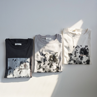 日单日系纯棉灰白色亮银小字母花朵印花直筒型长袖圆领T恤上衣女