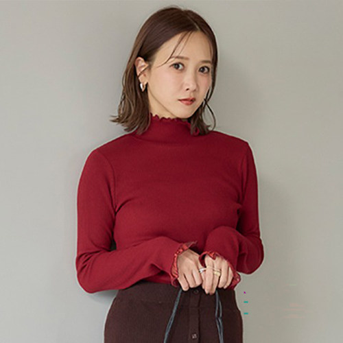 日单日系黑灰红咖薄绒细螺纹纱花边袖口长袖高领打底衫T恤上衣女