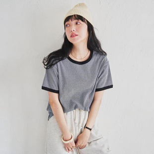 日单日系纯棉百搭撞色螺纹弹力黑白细条纹复古圆领短袖T恤上衣女