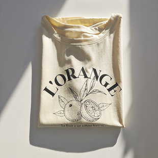 日单日系夏丝光棉黄白色橙子字母印花简约百搭圆领无袖T恤上衣女