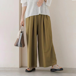 休闲长裤 直筒通勤气质松紧高腰直筒阔腿裤 女 简约时尚 日单日系薄款