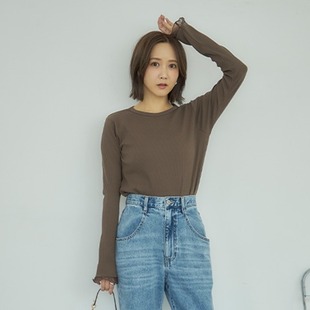 4L码 日单日系黑白棕细螺纹纱花边袖 T恤上衣女S 圆领打底衫 口长袖