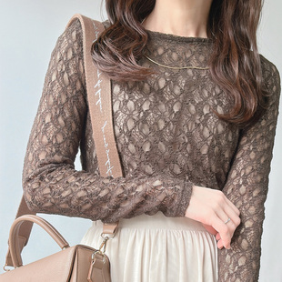 女 上衣小衫 日单日系黑白咖透视百搭网纱花蕾丝长袖 圆领内搭打底衫