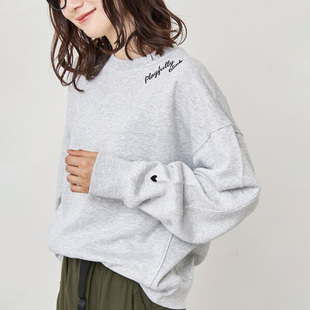日单日系纯棉心性字母刺绣宽松休闲短款小圆领套头长袖纯棉卫衣女