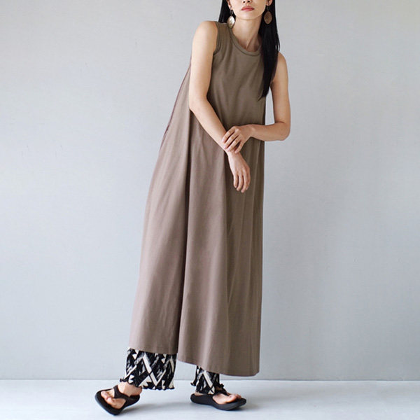 日单日系春夏纯棉不用穿内衣带胸垫背心宽松A字无袖长裙连衣裙女
