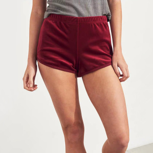 欧美酒红色复古天鹅丝绒家居运动松紧腰舒适显腿长非常好穿 短裤