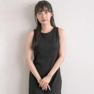 日单日系黑灰带胸垫针织螺纹修身弹力长款无袖背心吊带连衣裙长裙
