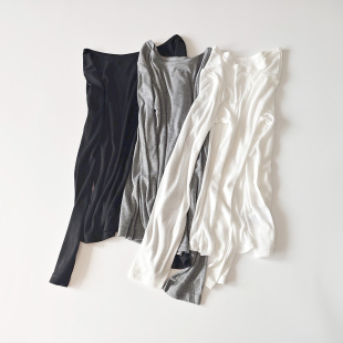 日单日系黑白灰实用百搭大弹力透视感长袖 T恤上衣女 大圆领打底衫