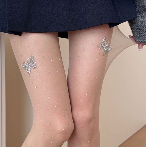 烫钻蝴蝶结丝袜黑袜黑丝带钻袜子