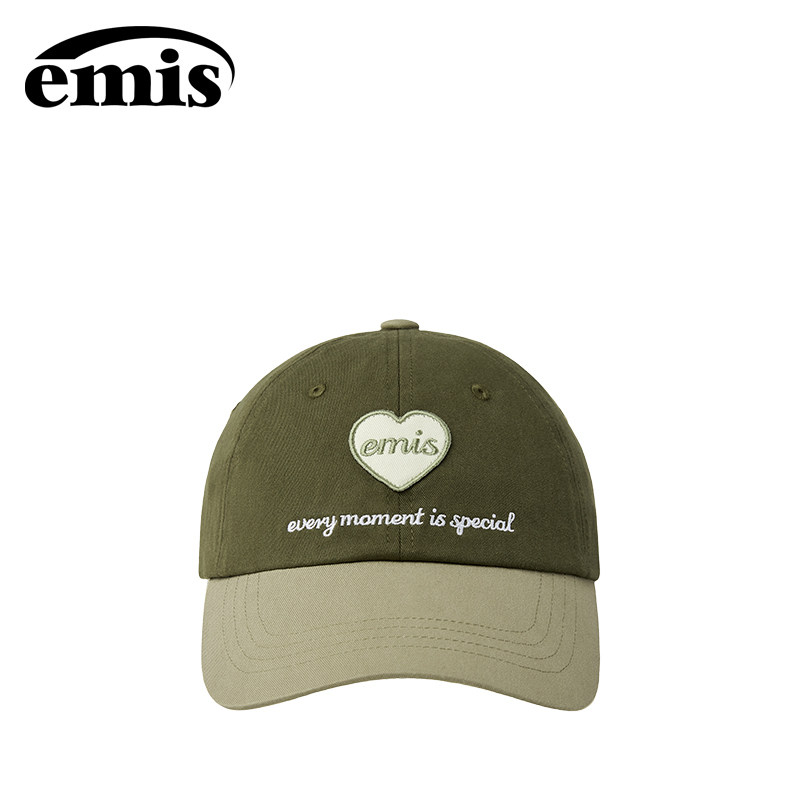 emis帽子女同色系心形徽章棒球帽卡其绿色男鸭舌帽软顶大头围防晒