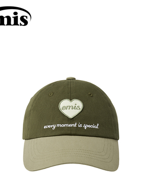emis帽子女同色系心形徽章棒球帽卡其绿色男鸭舌帽软顶大头围防晒