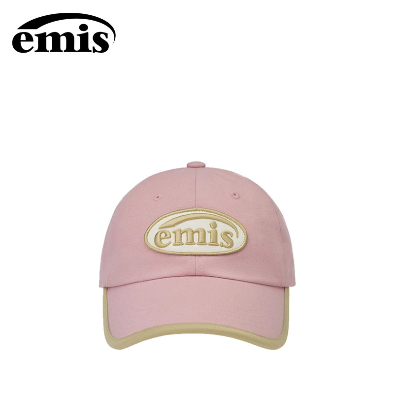韩国emis帽子男款秋季防晒大头围鸭舌帽男金边徽章棒球帽粉色
