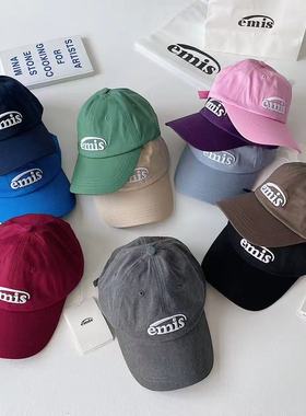 韩国emis帽子棒球帽鸭舌帽男女同款秋冬大头纯色软顶藏青色运动帽