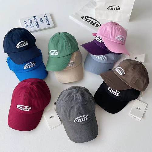 韩国emis帽子棒球帽鸭舌帽男女同款秋冬大头纯色软顶藏青色运动帽