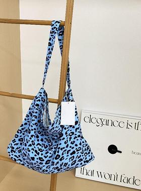 韩国emis豹纹帆布包绿色灯芯绒时尚百搭韩系小众ins风大容量学生