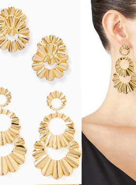 ks gold tone triple drop scalloped earrings夸张机理耳环耳饰