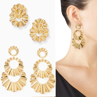 scalloped earrings夸张机理耳环耳饰 drop triple gold tone