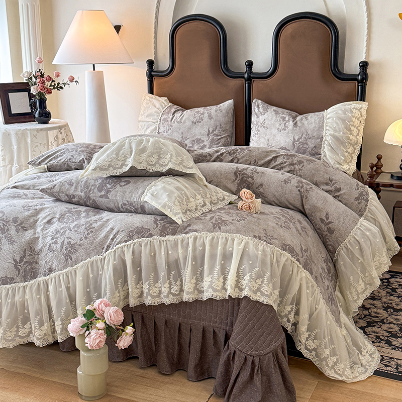 法式复古双层花边亚麻床盖四件套