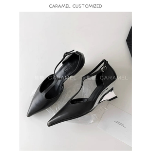 焦糖CARAMEL-春夏百搭气质真皮高跟凉鞋T字带坡跟极简单鞋女-6cm