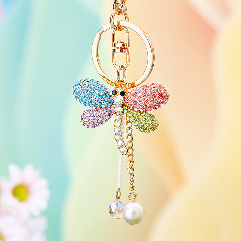 彩色镶钻蜻蜓汽车钥匙扣金属可爱女包包挂件钥匙链圈昆虫挂饰礼品