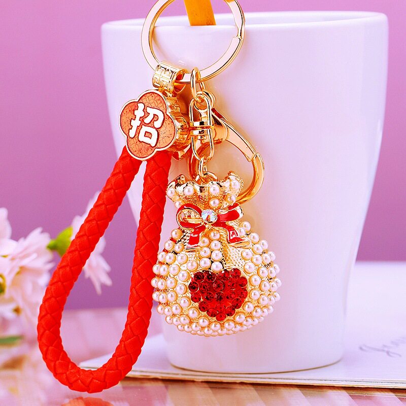四叶草招财绳福袋汽车钥匙扣女包挂件金属钥匙链圈镶钻小礼品批发