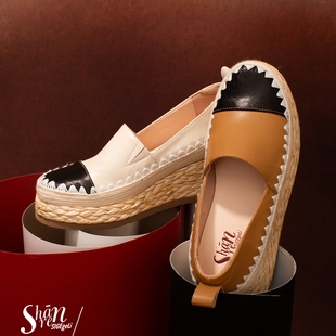ShānRen原创 休闲风拼色草编厚底渔夫鞋女真皮松糕单鞋百搭增高