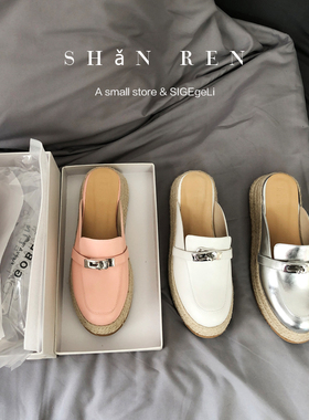 ShānRen巨显高 真皮厚底凉拖鞋女夏外穿休闲包头半拖松糕穆勒鞋