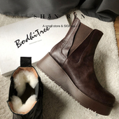 8.0CM 内增高 羊羔毛水洗真皮短靴女厚底高跟加绒烟筒靴冬雪地靴