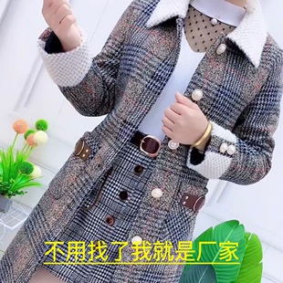 加厚加棉中长款 毛呢大衣显高显瘦千鸟格单件风衣潮 女大衣2024新款