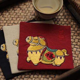 金驹送福 小福马 茶杯垫茶巾刺绣布艺托盘隔热垫新年中国风礼物