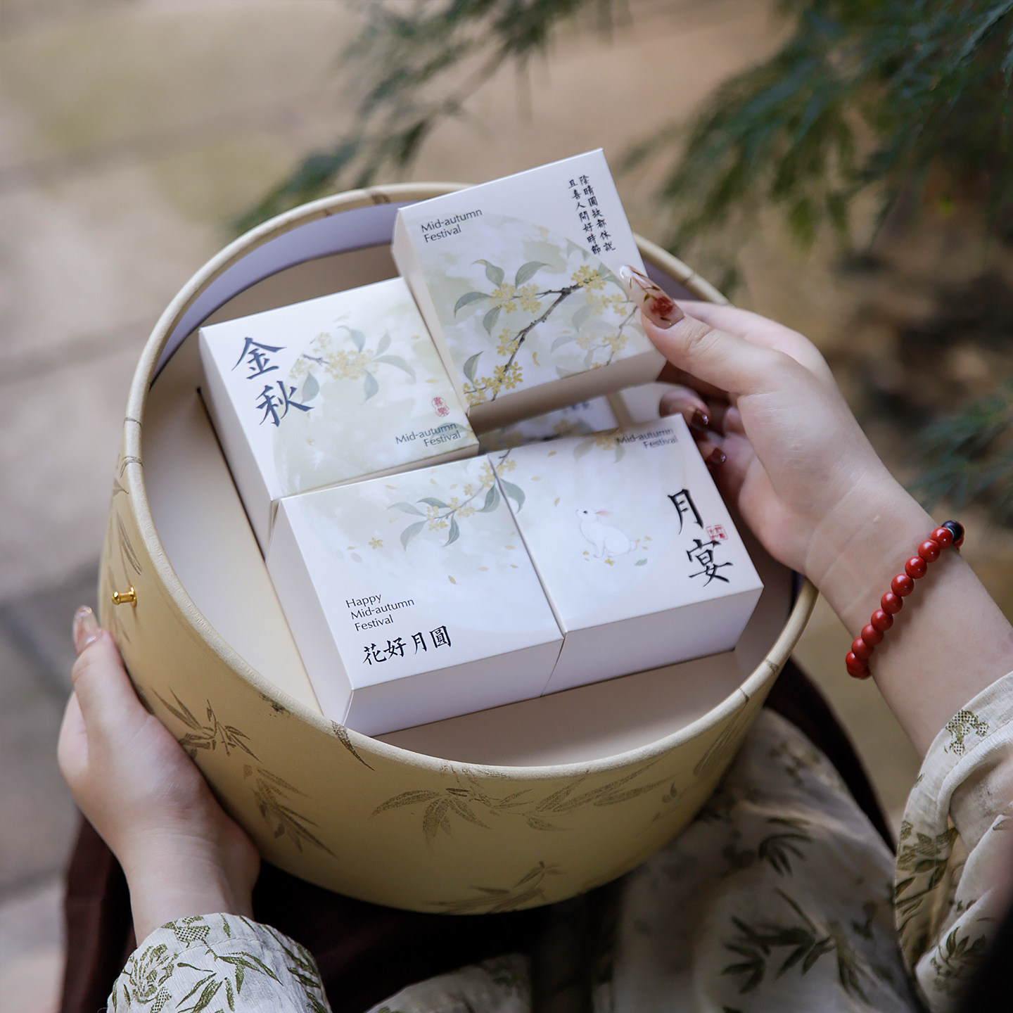 创意中秋流心月饼新款竹子烫金礼盒包装盒手提礼品盒子烘焙空盒桶