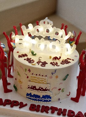 发光皇冠英文HB灯牌超人蛋糕装饰摆件儿童生日派对甜品烘焙插件